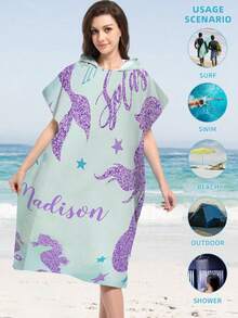1pc Mermaid Print Hooded Robe - Super Soft Microfiber Beach Pattern, Suitable For Men, Women, Couples As Gift - Beach & Home Decor, Couple Cape | Microfiber Bathrobe, Suitable For All Holidays Back To School - Multicolor - View 6