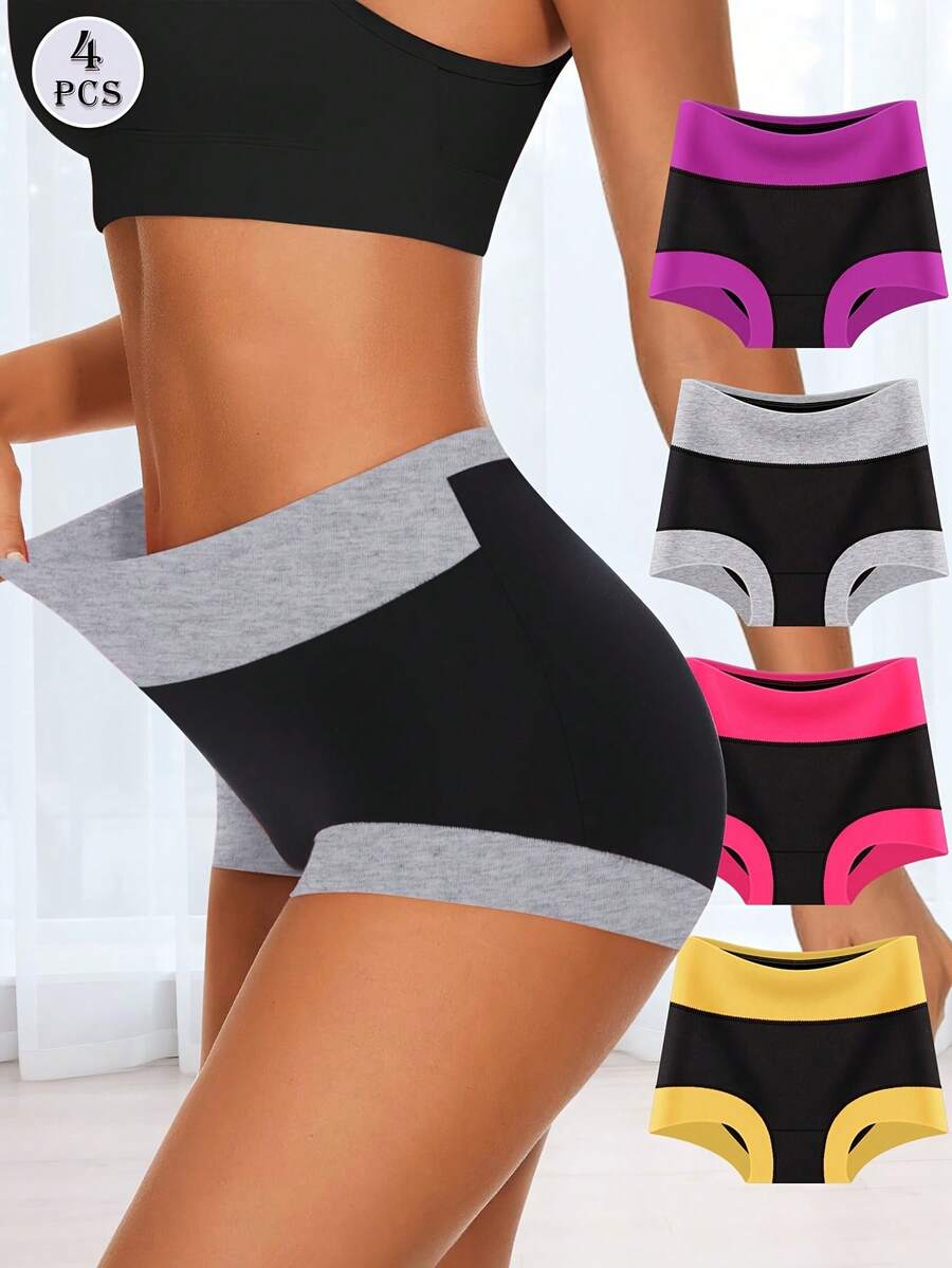 4pcs Women's Boyshorts High Waist Briefs, Boxer Briefs, Soft, Comfortable, Contrast Color, Light Tummy Control - 彩色 - 查看 1