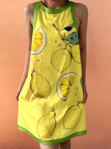 Boho Summer Beach Casual Vacation Comfortable Women's Clashing Lemon Leaf Pattern Sleeveless Dress Brunch Outfits For Women