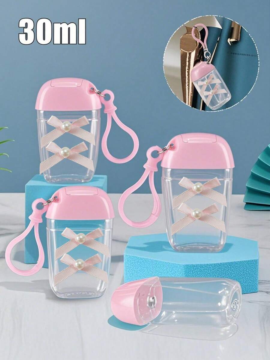 Botella vacía transparente rosa de 30 ml con dispensador de desinfectante de manos, llavero con gancho, tapa abatible blanca, tapa reutilizable, botella vacía portátil rellenable, contenedor cosmético, adecuado para líquido, loción, crema, viajes de negocios, viajes al aire libre, artículo esencial de viaje