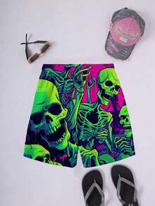 3D 数码印花彩色骷髅图案男士大码沙滩短裤，夏季休闲度假风格男士大码下装，柔软透气男士短裤 - 紅色 - 查看 2