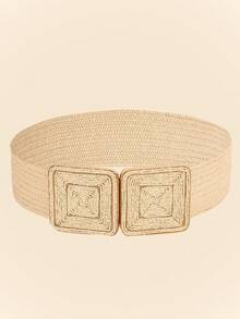 1pc Ladies' Square Rattan Plaited Belt With Metal Buckle And Woven Pp Grass Boho Summer, School Fall, Autumn, Halloween - Khaki - View 12