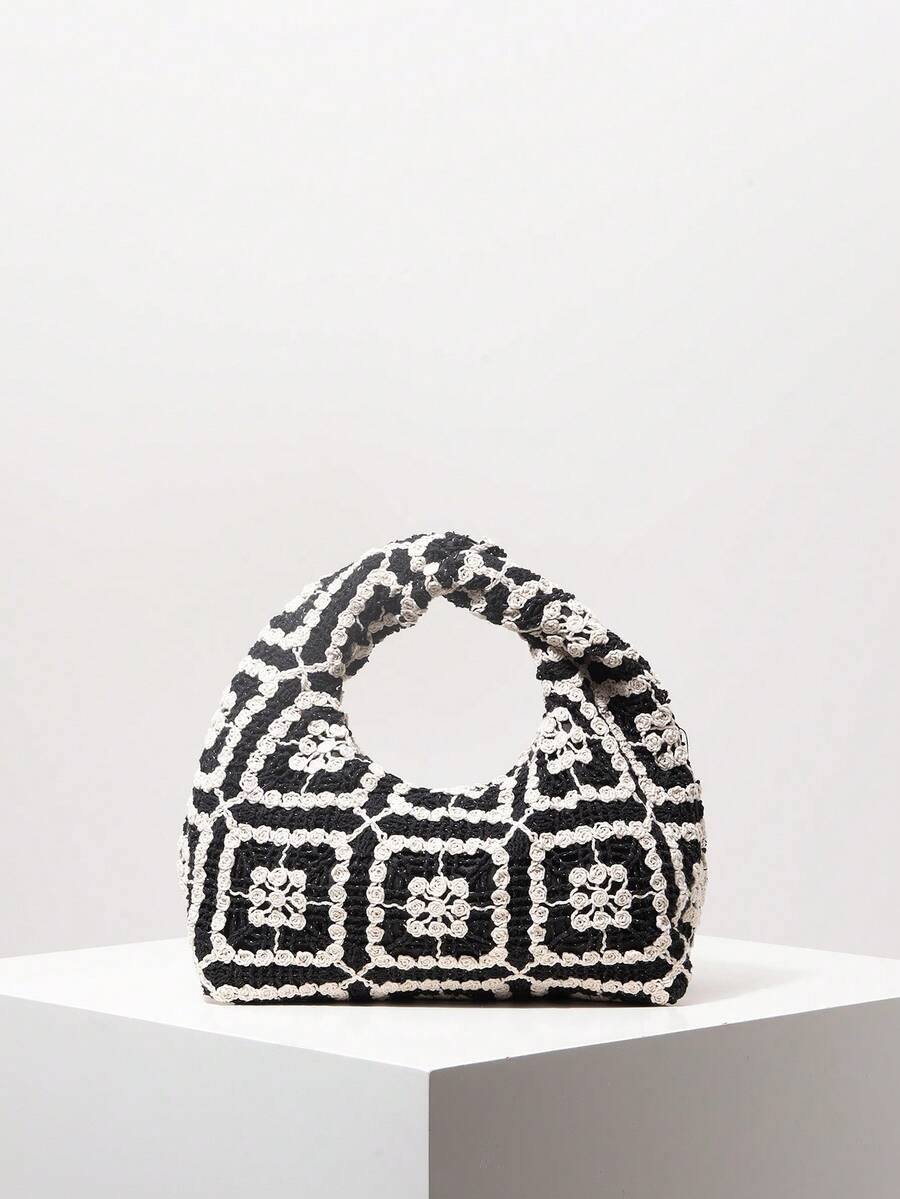 花卉镂空钩针包，钩针套装，波西米亚沙滩包，高档百褶手提包，女士度假装，旅行必备品，优雅女士包包（图案随机） - 彩色 - 查看 1