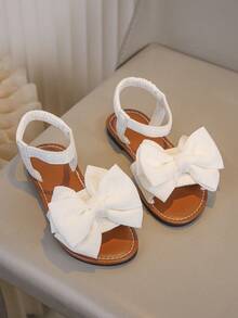 1 par de sandálias rasteiras femininas de cor sólida com design de faixa elástica com laço grande, modernas e simples, adequadas para o verão - Branco - Ver 4