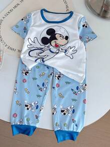 2 pièces/Set Pyjama enfant avec Top à manches courtes col rond et pantalon long, design combinaison spatiale mignon Mickey Mouse
