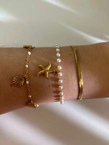 Monlansher 新款女士不锈钢链条手链，多款式扁平蛇形链条，海洋主题吊坠装饰，串珠时尚日常佩戴叠戴手链 - 金色 - 查看 9