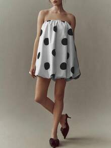 Women Polka Dot Bubble Mini Dress Strapless Flowy Short Tube Dress Off Shoulder Y2k Balloon Dress Party Beach - 白色 - 查看 4