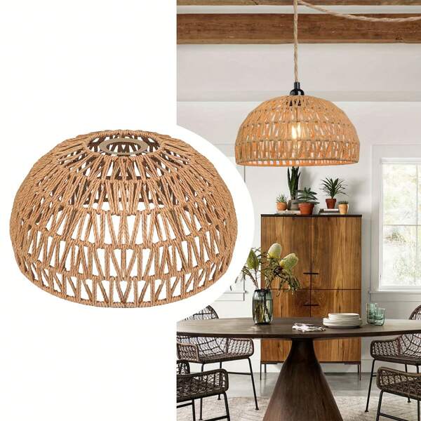1pc Boho Rattan Chandelier Lampshade, Farmhouse Ceiling Chandelier Lampshade Basket Braided Dome Rattan Lampshade, Twine Braided Hanging DIY Lampshade For Living Room Kitchen Island Cafe Decoration.