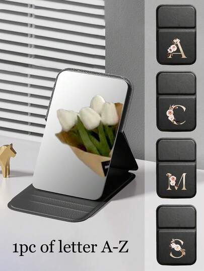 1个迷你金色字母印花可折叠便携化妆镜，A-Z字母公主化妆镜带支架，旅行美妆镜，桌面化妆镜，长方形桌面小巧折叠简约化妆镜，宿舍梳妆镜，易于收纳，是女性的完美梳妆配件，日常使用的理想礼物，女性旅行礼物——送给妈妈和老师的最佳礼物