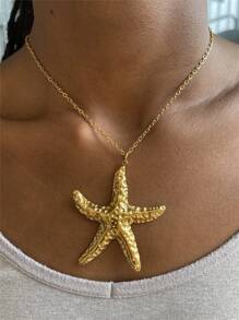 Stainless Steel Ocean Elements Minimalist Design Pendant Necklace With Fish, Starfish, Shell For Women