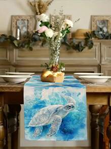 1pc Ocean Theme Turtle, Shell, Coral, Lighthouse Printed Table Runner, Kitchen Dining Room Decor, Holiday Decorative Table Runner, Home Party Decor, Home Decor, Scenic Decor, Outdoor Dining Table, Coffee Table Decorative Flag