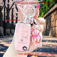 TPU Textured Pink Car Key Fob Cover/Rhinestone & Pink Bear Exquisite Collision/Sweet Style: Rhinestone Keychain & Pink Purple Bear Key Companion/Street Fashion Style! Rhinestone Key Accessory, Blue Bear Super Attractive Suitable For Polo Tiguan Passat B5 B6 B7 Golf 4 5 6 MK6 Jetta Lavida//A Folding 3 Buttons/Lamando/Dedicated/Superb/Lavida/Cómemeck/Xinrui Exclusive, Ideal Gift For Valentine's Day