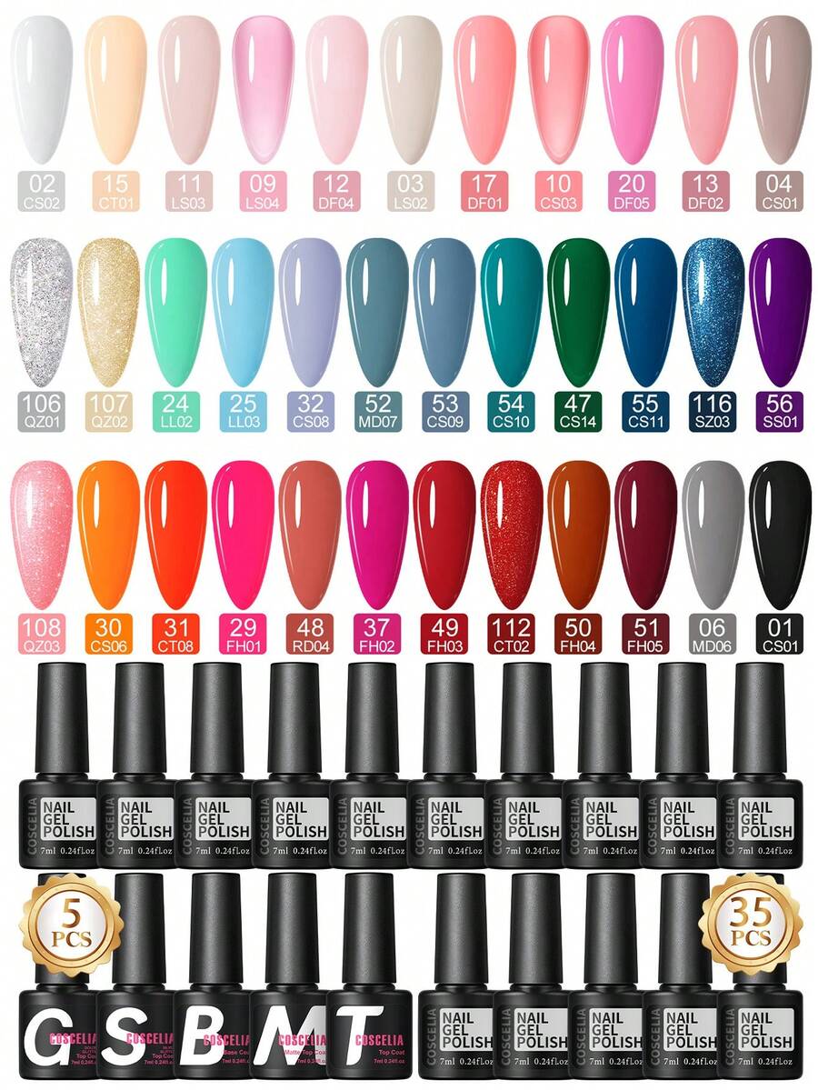 COSCELIA 40Pcs Gel Nail Polish Set 35 Colors Red Pink Green Purple Glitter Soak Off UV LED With 5Pcs Base And Top Coat Gold Silver Glitter Matte Glossy DIY Home Gift For Women Summer Vacation - Seasonal Flowers - 查看 1