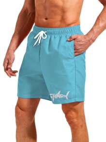 3 piezas Pantalones cortos de verano para hombre con cordón, estampado gráfico de letra de tiburón en estilo hawaiano, esencial para vacaciones
