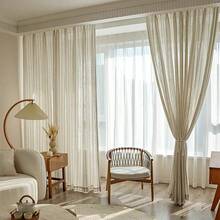 1pc Linen Sheer Thicker Japanese Style Linen Blue Striped Window Curtain, For Bedroom And Living Room - Multicolor - View 8