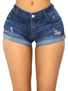 Pantalones cortos casuales de mujer de mezclilla lavada con bolsillo y borde enrollado desgarrado