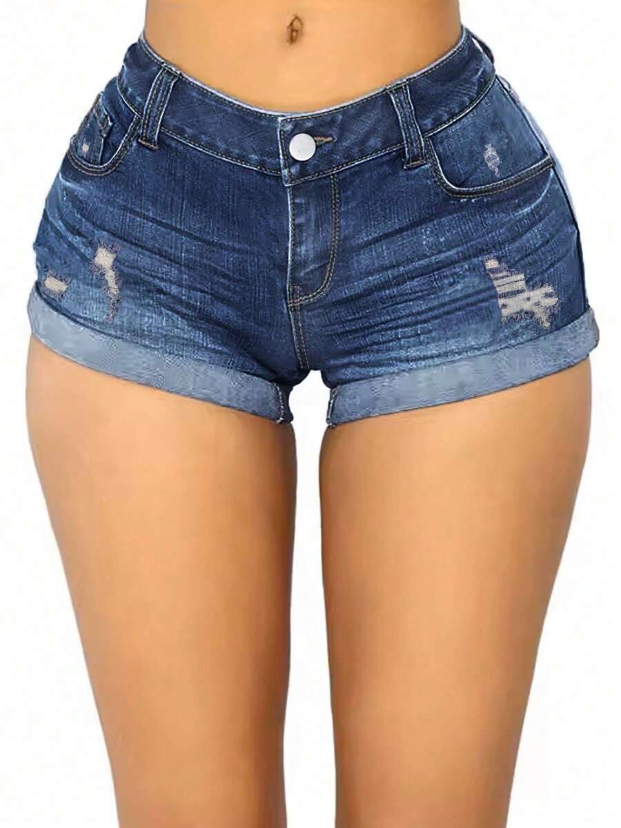 Pantalones cortos casuales de mujer de mezclilla lavada con bolsillo y borde enrollado desgarrado