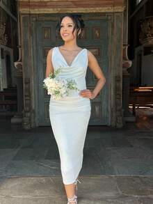 White Midi Dress Civil Wedding Engagement Pre Wedding Elegant - 白色 - 查看 4