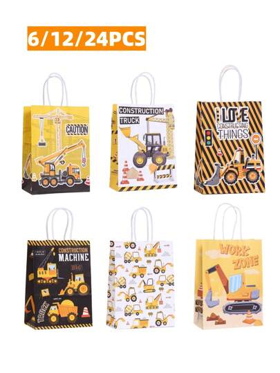 Set de 6/12/24 bolsas de regalo de papel con temática de vehículos de construcción, bolsas de papel de regalo impresas con excavadoras, bolsas de regalo creativas impresas, bolsas de fiesta de cumpleaños para niños