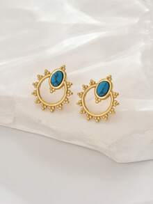 1 Pair Fashionable, Exquisite, And Elegant Hoop Earrings Inlaid With Blue And Green Gemstones, Unique Design With Exotic Charm And Classic Elegance, Suitable For Daily Wear - Yellow Gold - View 5
