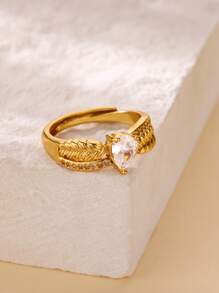 1 PC Zirconia Water Drop Leaf Ring For Women Gold Color Open Ring 2025 New Fashion Wedding Couple Jewelry Gift