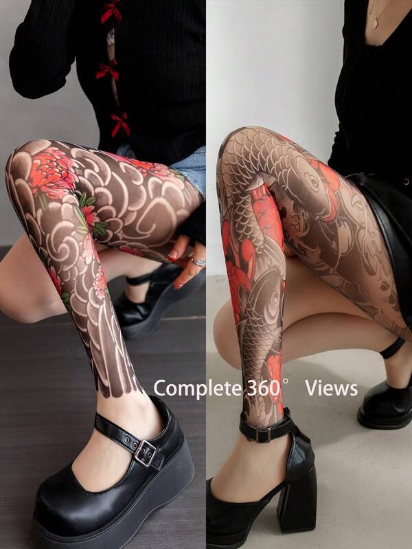 1 par de medias de licra con estampado de tatuaje de pierna completa, leggings unisex de 360 grados estampados con flores coloridas y dibujos auspiciosos tradicionales de nubes y carpas
