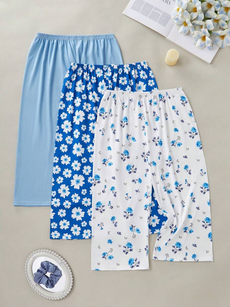 3 Pcs Women Casual 7/8 Pants & Shorts, Daisy & Rose Print, Solid Color, Elastic Waist, Loose Fit Pajama Bottoms - Multicolor - View 1