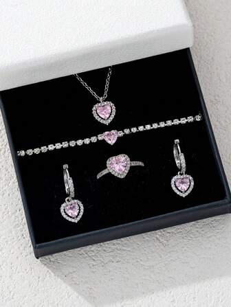 5 件闪亮迷人方晶锆石心形首饰套装，包括手链、耳环、戒指、项链，适合女性日常、约会、派对、节日礼物（无盒）