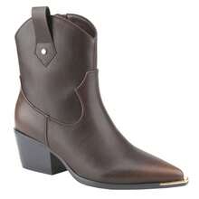 BELOVELY[EVERYWHERE-5]Western Cowgirl Ankle Leather Boots With Metal Pointed Toe Chunky Low Heel Side Zipper Pull-On Boots - 棕色 - 查看 1