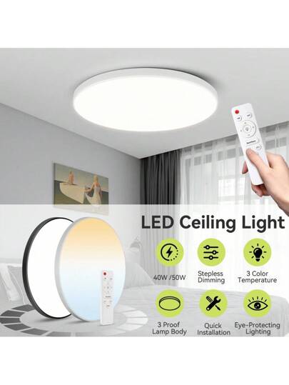 CANMEIJIA LED Ceiling Lights, Moderne Flush Mount Lights Bedroom, Dimmable Remote Control Lamps Living Room, Kitchen, Children's Hallway, Garage, Adjustable Temperatures, 220V