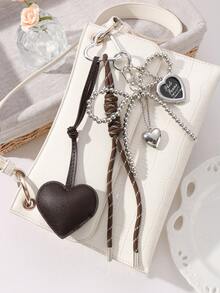 1pc Y2K Luxury Gothic Style Handmade Beaded Silver CCB Bow Drop Oil Leather Heart Woven Rope DIY Keychain Bag Pendant Suitable For Women Daily Wear Or Gift Bows - Coffee Brown - View 5