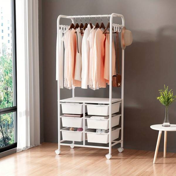 Mobile Vertical Coat Rack - With Pull-Out Storage Baskets, 4 Casters For Mobility, 1 Large Metal Plate & 4 Storage Boxes. Size: 25.59x14.57x62.99 Inches, White