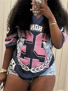 قميص بيسبول مطبوع بطباعة أحرف الهاراجوكو الأمريكية الصيفية Y2K، قصير الأكمام للنساء، كاجوال قطن فضفاض