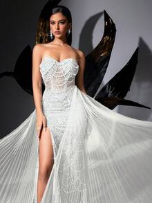Đầm dạ hội LUVISTRUE Glamorous Goddess đính sequin lấp lánh, sang trọng dành cho nữ, phù hợp cho thảm đỏ, tiệc sinh nhật, dạ hội tốt nghiệp, tiệc gala, dạ hội từ thiện, lễ trao giải, màu trơn, không dây vai, chất liệu lưới, thắt eo, xẻ tà. - trắng - Xem 8