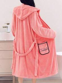 1pc Women's Solid Color Hooded Robe With Pockets And Belt, Long Sleeve Loungewear - View 8
