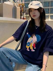 日式女式宽松圆领休闲印花短袖T恤，春夏 - 藏蓝色 - 查看 5