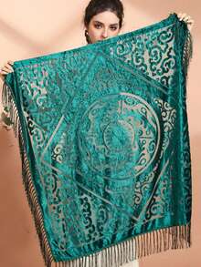 新款复古丝绒提花流苏方巾，优雅腰果色提花围巾，适合日常旗袍、晚礼服、空调房披肩和节日礼物。 - A - 查看 15