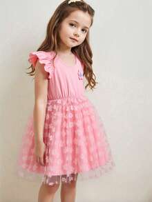 Vestido dulce de niña joven rosa con flores 3D, vestido de tul estilo cuento de hadas para niña joven apto para fiesta de cumpleaños, fotografía, pasarela, vacaciones en la playa, uso casual - Rosa - Ver 4