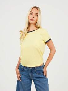 brave soul Short Sleeve Contrast Ringer Tee - Lemon - View 3