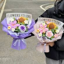 1pc Handmade Eternal Knitted Flower Bouquet, Knitted Tulips & Roses Therapeutic Preserved Flower Birthday/Graduation Gift