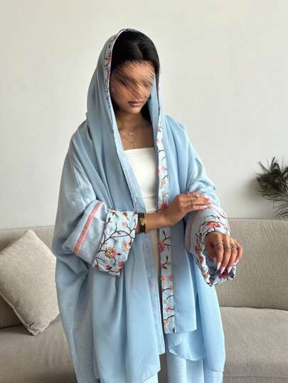 1 件女式重绣长袍，优雅花卉刺绣袖口，时尚优雅，多色闪光前开长袍，适合日常生活、节日、聚会，迪拜阿拉伯风格