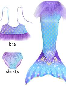 3 Pcs Mermaid Costume,Mermaid Tail For Girls Role-Play,Children Beach/ Pool Swimsuit , Princess Dress Bikini Bathing Costume,No Flippers