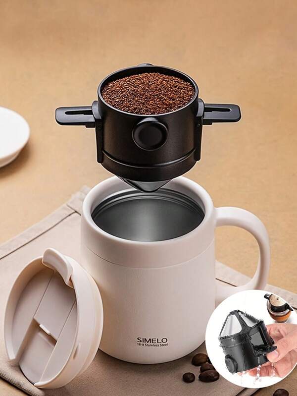 1 pieza Cafetera de goteo, filtro reutilizable de acero inoxidable para café, unidad de goteo de una sola taza plegable sin papel, fácil de limpiar para viajes, campamento y vuelta al cole