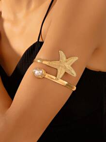 1 Stück Sommer Ozean Urlaub Stil Seestern geformter Armreif mit Kunstperle und verstellbarer Öffnung als Oberarm Armband