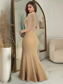 Shiny Gold Rhinestone Embellished Long Sleeve Maxi Dress, Suitable For Balls, Graduations, Birthday Parties, Formal Occasions, Galas, Wedding Guest Attire - Apricot - View 3