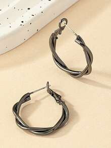 1pair European & American Style Metal Twisted Hoop Earrings With Silver Needle, New Earrings With High-End Aesthetics For Women - Gold - View 11