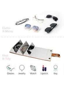 3 槽旅行眼镜盒，可折叠悬挂眼镜太阳镜收纳架收纳盒，PU 皮革眼镜架 - 棕色 - 查看 7