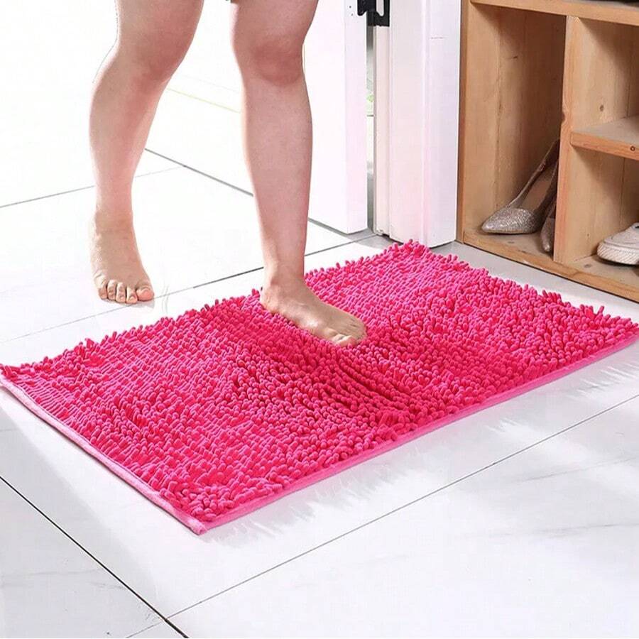 Non-Slip Absorbent Bath Shower Mat Rug, Super Soft Chenille, Machine Washable Bathroom Decor Entryway Decor Carpet Bathroom Accessories Back To School - Rose Red - View 1