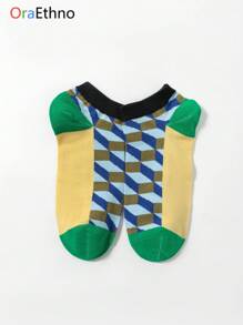1 par de calcetines de tobillo con estampado geométrico verde, cómodos, transpirables y que absorben la humedad, una idea de regalo única