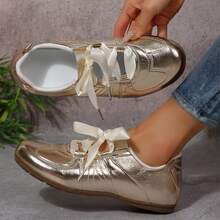 Women's Leather Trainer Shoes With Lace-Up Fashion Sneakers Classic Casual Walking Shoes - 金色 - 查看 5